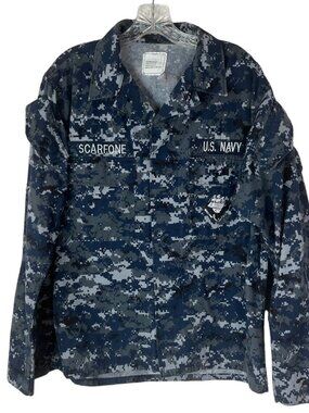 US Navy Button Front Shirt Camo Medium Blue Digital Pattern Military Top